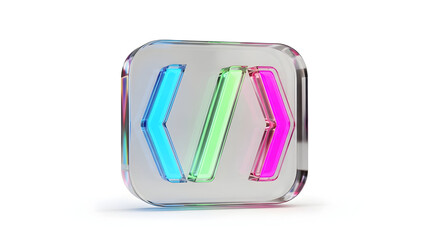 Abstract glowing code symbols within a clear glass cube, representing digital technology and programming.