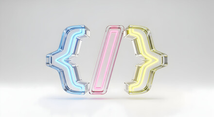 Neon code brackets glow, symbolizing programming, technology, and digital creation.