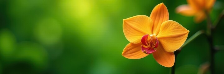 Wall Mural - Delicate orange orchid flower blooms in a lush green garden, foliage, beauty, bloom