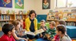 © Dara - A teacher reading a book to a group of children in a library.
