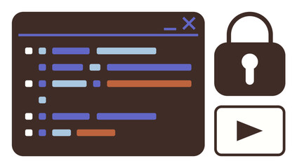 Programming interface with colored code lines, security lock icon, and video play button. Ideal for software development, data security, coding, media, education streaming and online access. Simple