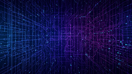 Abstract digital circuit board background with glowing blue and purple lines representing data flow and technology.