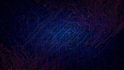 Abstract dark blue and pink circuit board pattern with glowing lines, representing digital technology and data flow on a futuristic background.