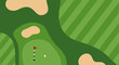 © PDWN Creative - Aerial top down view of a vibrant golf course with putting green, flag, and sand bunker. Flat style vector illustration for sports background