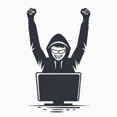 Silhouette depicts a victorious hooded hacker in glasses raising his fists behind a screen