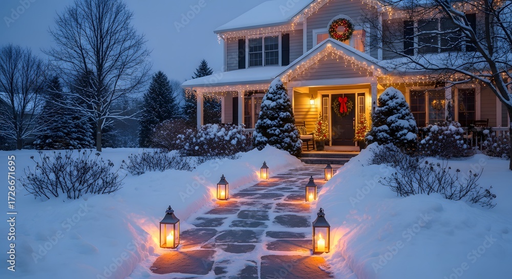 Charming home glows with holiday lights in snowy winter night Stock ...
