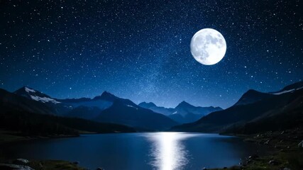 Wall Mural - full moon majestically traversing the starry night sky, illuminating a tranquil natural landscape in