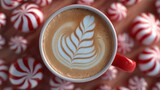 A beautifully crafted latte with a leaf design, surrounded by festive red and white peppermint candies.