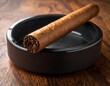 © Ikan - A brown cigar rests in a dark ashtray on a wooden surface