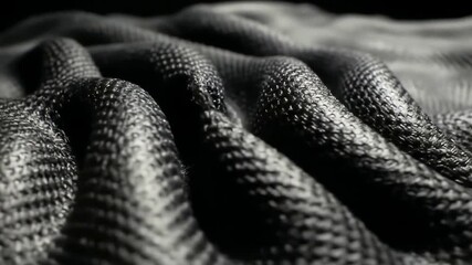 A mesmerizing macro shot of a dark woven technical fabric resembling carbon fiber undulating in slow fluid waves against a stark black background highlighting its intricate texture and futuristic aes.