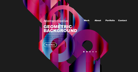 Wall Mural - Abstract geometric design. Vibrant colors, flowing shapes, website header with navigation options. Modern aesthetic, dynamic composition.