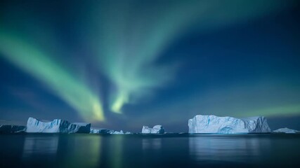 Wall Mural - ethereal northern lights unfolding across a vast arctic horizon with distant icebergs timelapse nort