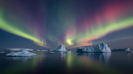 Wall Mural - ethereal northern lights unfolding across a vast arctic horizon with distant icebergs timelapse nigh