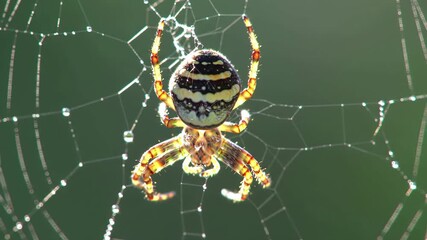 A stunning macro closeup of a yellow and black garden orbweaver spider patiently waiting in the center of its intricate web adorned with sparkling morning dew droplets.