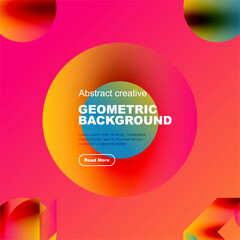 Wall Mural - Vibrant pink backdrop features overlapping circles, text, button. Modern design promotes creativity, geometric patterns.