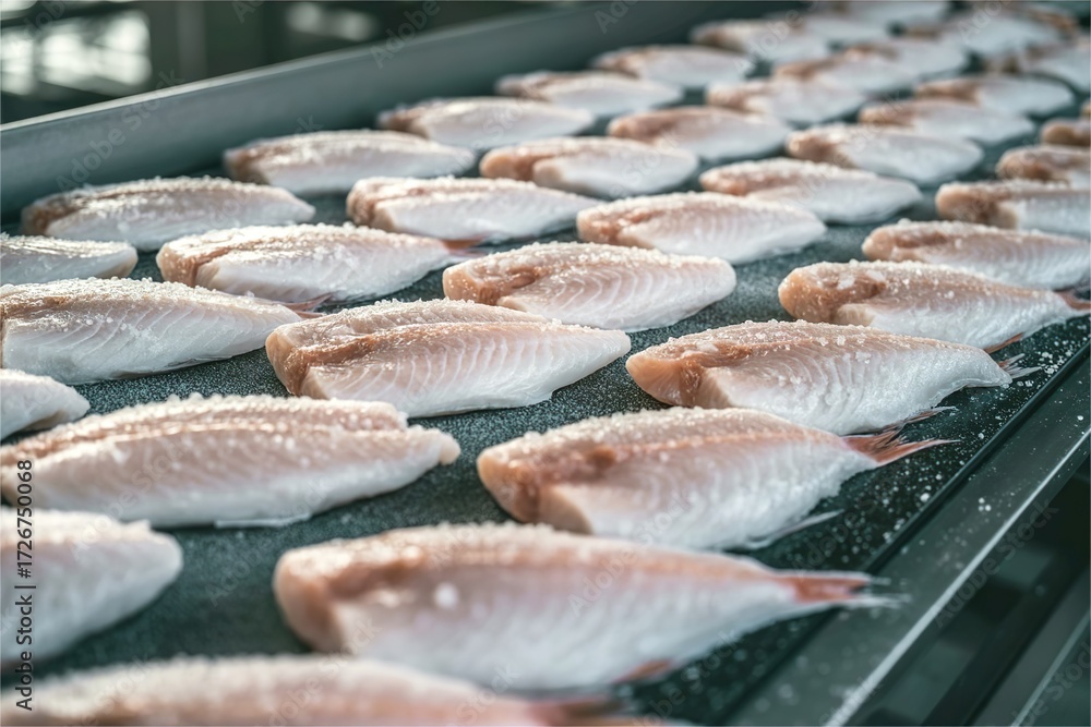 Processed Fish Fillets Frozen fish fillets lined on conveyor. Seafood processing factory scene ...