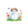 © yapayong - A cute snowman wearing a hat and scarf celebrates the Christmas holiday season in the cold winter snow with a gift and tree