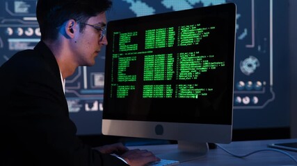 Man, programmer and coding at night on laptop mockup screen for networking, malware or software at the office. Male person, coder or developer working late in computer display in problem solving