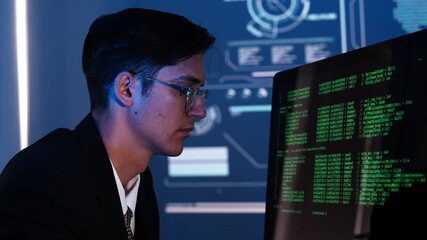 Man, programmer and coding at night on laptop mockup screen for networking, malware or software at the office. Male person, coder or developer working late in computer display in problem solving