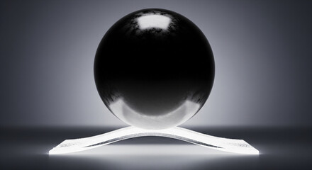 Wall Mural -  A single, large, dark, metallic sphere pressing down heavily on a delicate, glowing scale. The scale is bending slightly, symbolizing the burden of debt. The background is minimalist and stark.
