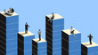 © master1305 - Digital artwork. Business people working and sitting on top of stacked skyscraper blocks against blue sky. Concept of career growth, teamwork, leadership, motivation, and emotional ambition.