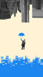 © master1305 - Surreal collage art. Man with umbrella under pixelated rain and upside down city background. Concept of digital disruption, cyber security, financial instability, and emotional resilience.