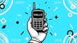 © sami - Hand drawn illustration of a hand holding a vintage mobile phone with the german word hallo on the screen, isolated on a blue background