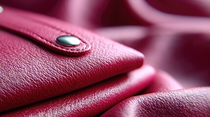 Detailed Red Leather Texture Abstract Background with Silver Button and Soft Folds in Soft Lighting