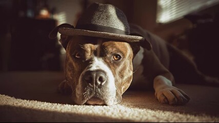 Wall Mural - A dog wearing a hat lies on the carpet with the hat tilted over its eyes. The dog's eyes are calm, and the hat accentuates the laid-back atmosphere.