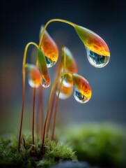 Wall Mural - Macro Photograph of Water Droplets Hanging from Orange-Tipped Plants in a Natural, Blurred Green Environment