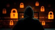 © Surachetsh - Hacker in hoodie types on keyboard surrounded by digital locks and binary code representing dangers of cyber attacks data breaches. It highlights hidden threats in digital world.
