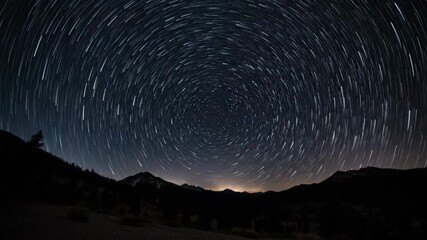 Wall Mural - Brilliant stars create mesmerizing trails as they rotate across a dark night sky above a remote landscape timelapse trails, celestial, serene