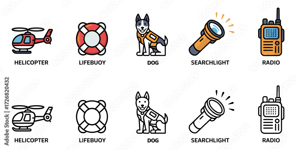 Navigation And Rescue Icon search and rescue icon set with helicopter, lifebuoy, dog, searchlight ...