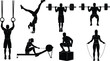 © PixelsWorld - Athlete workout silhouettes, barbell squats, gymnastics rings, rowing machine, box jump, jump rope training, vector illustration