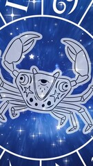 Wall Mural - Animation of cancer star sign symbol in spinning horoscope wheel over glowing stars