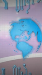 Wall Mural - Animation of blue globe, circuits and charts over colourful clips playing on composite screens