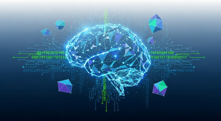 Digital brain with polygonal structure surrounded by binary code and geometric shapes on a blue background