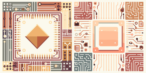 Abstract digital illustration showcasing a core processing unit and the intricate electronic pathways of a computer circuit board