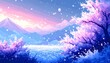 © Yoi - Pixel art of a serene, pastel-colored spring landscape with cherry blossoms and mountains
