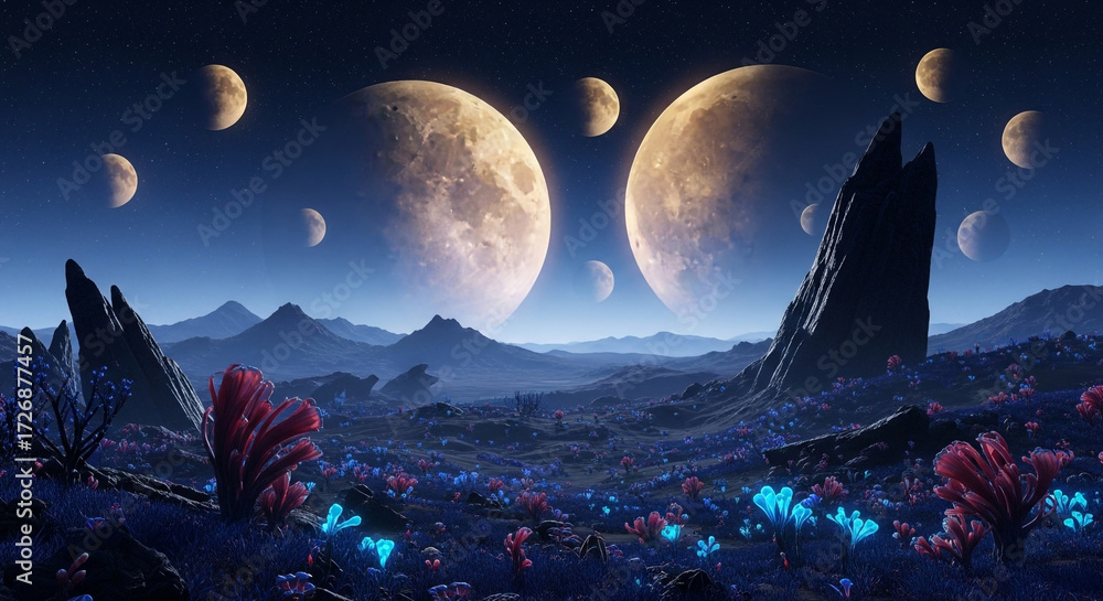 Ilustrace Explore a breathtaking alien landscape with glowing flora and ...