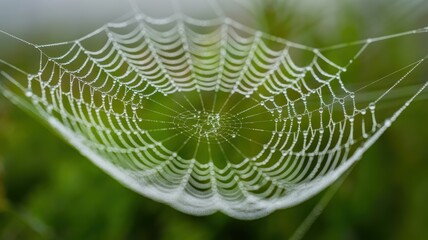 Delicate spider web glistening with morning dew in a lush green meadow.