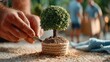 © Serjio - Tamaño grande y hermoso salón con un árbol decorativo y dos personas trabajando en el fondo