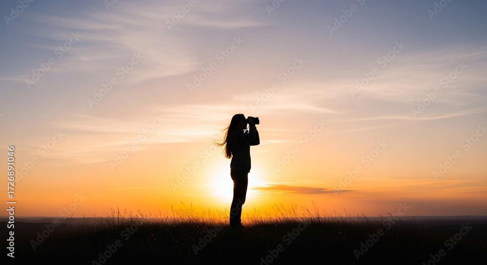 Silhouette of a woman with long hair gazing through binoculars at a ...