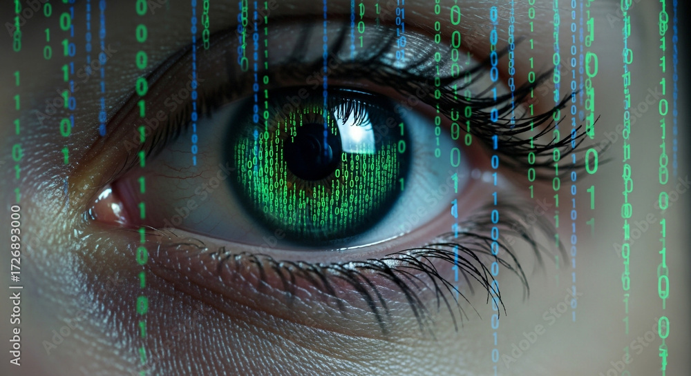 Intense human eye reflecting digital binary code, symbolizing data ...