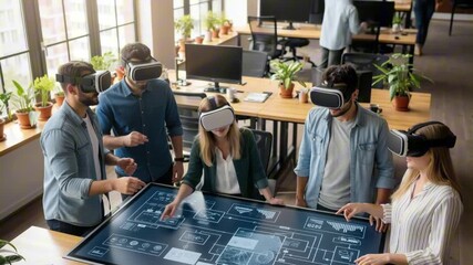 A diverse group of young adults using virtual reality headsets in a modern office space, engaged with a large digital display and discussing concepts together