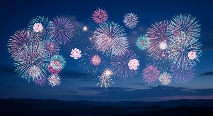 Colorful fireworks exploding in the night sky over a dark, silhouetted landscape, creating a festive and celebratory atmosphere for a holiday or special event