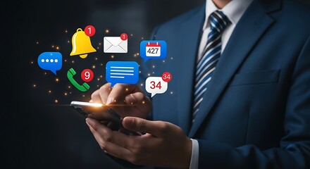 Closeup of a businessman in a suit using a smartphone, with various notification icons like messages, calls, and calendar alerts floating around, symbolizing constant connectivity and digital communic