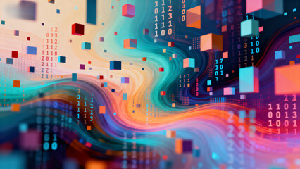 Abstract digital data stream with flowing binary code and colorful geometric shapes