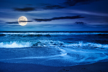 Wall Mural - dramatic beach outdoor background at night. scenic coast and sky with clouds. beautiful seascape. wave bring foam on golden sand in full moon light