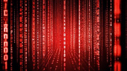 Digital Red Code: Abstract digital background with rows of binary code cascading downwards, evoking a sense of technological immersion. The vibrant red hue amplifies the futuristic, high-tech vibe.